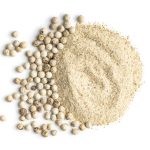 White ground pepper and whole peppercorn spice isolated on a white background.